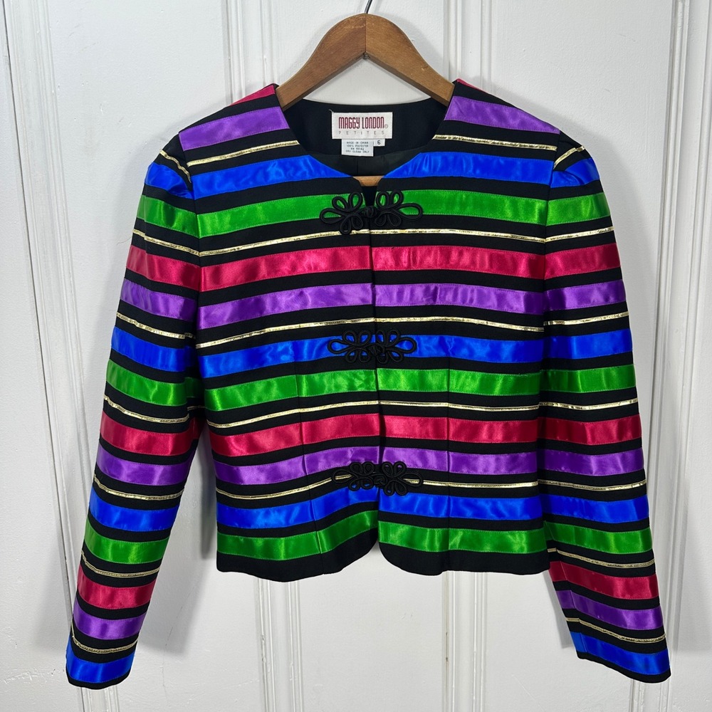 Vintage 1980s Maggie London Petite Jacket 6 Rainbow Satin Stripe Frog Closure